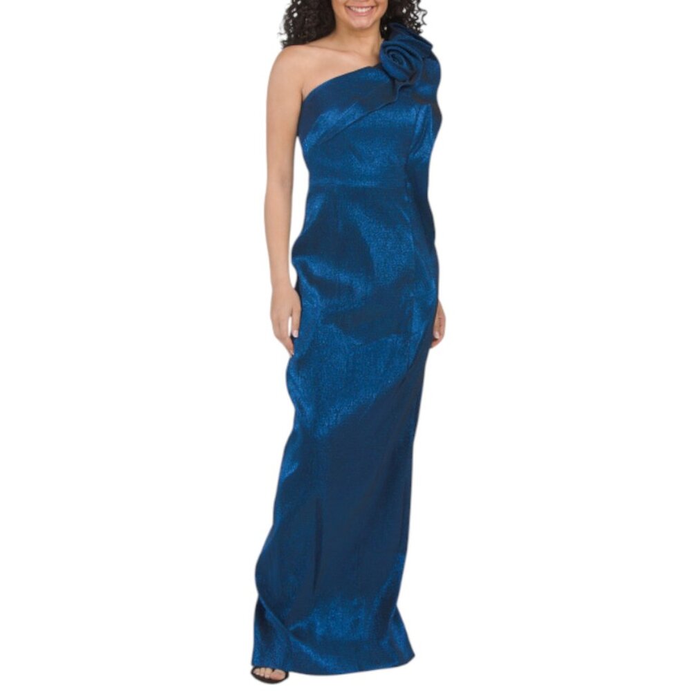 TERI JON Royal Blue One Shoulder Ruffle Gown